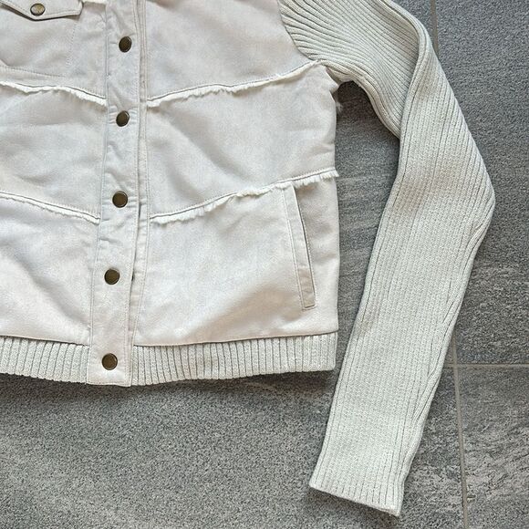 NWT Chaser Faux Suede Faux Fur Sweater Sleeve Snap Bomber Jacket w/ Pockets M - Picture 6 of 15